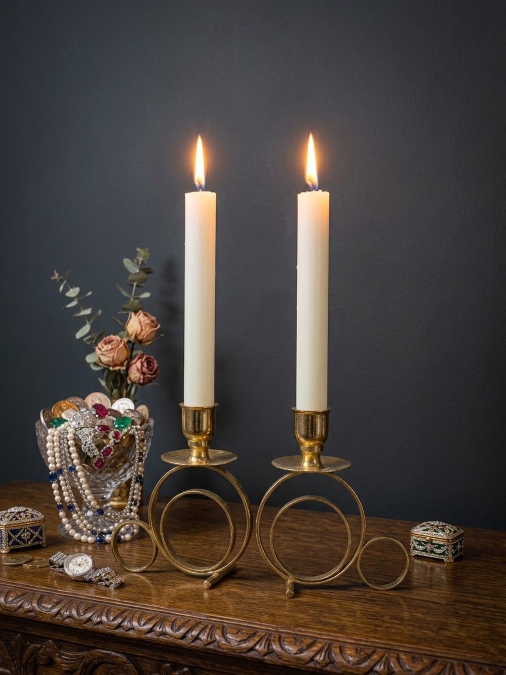Pair Gold Spiral Taper Candle Holders with White Candles - circular ring design